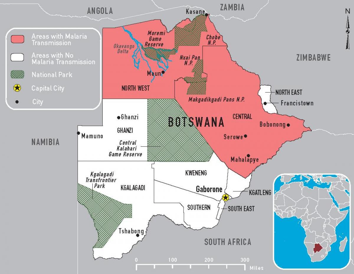 mapa Botswany malarii