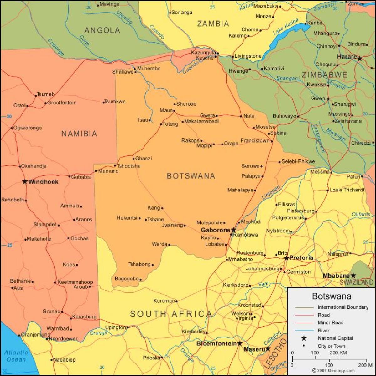 mapa Botswany, z podaniem wszystkich wiosek