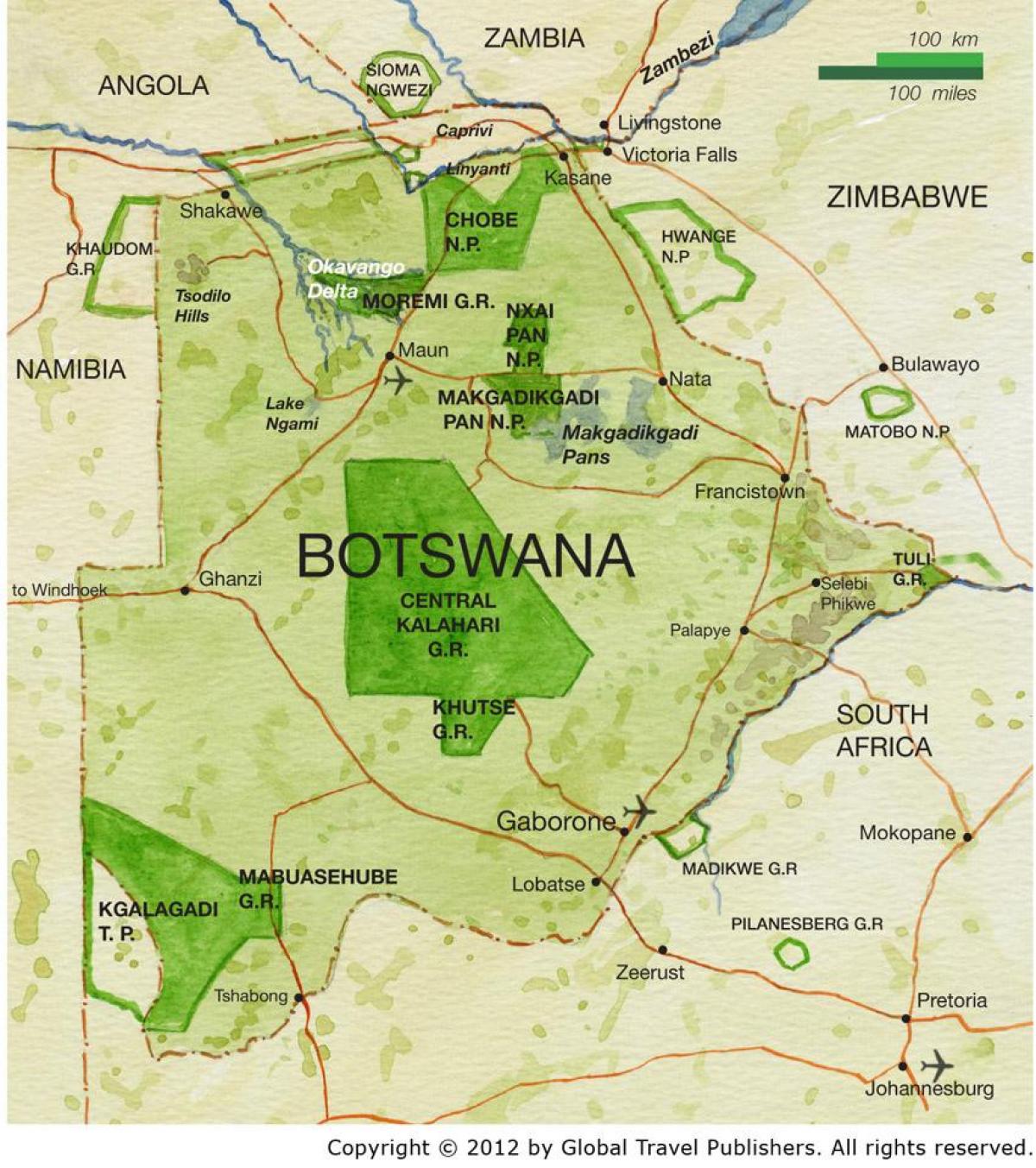 mapa Botswany rezerwatów przyrody 