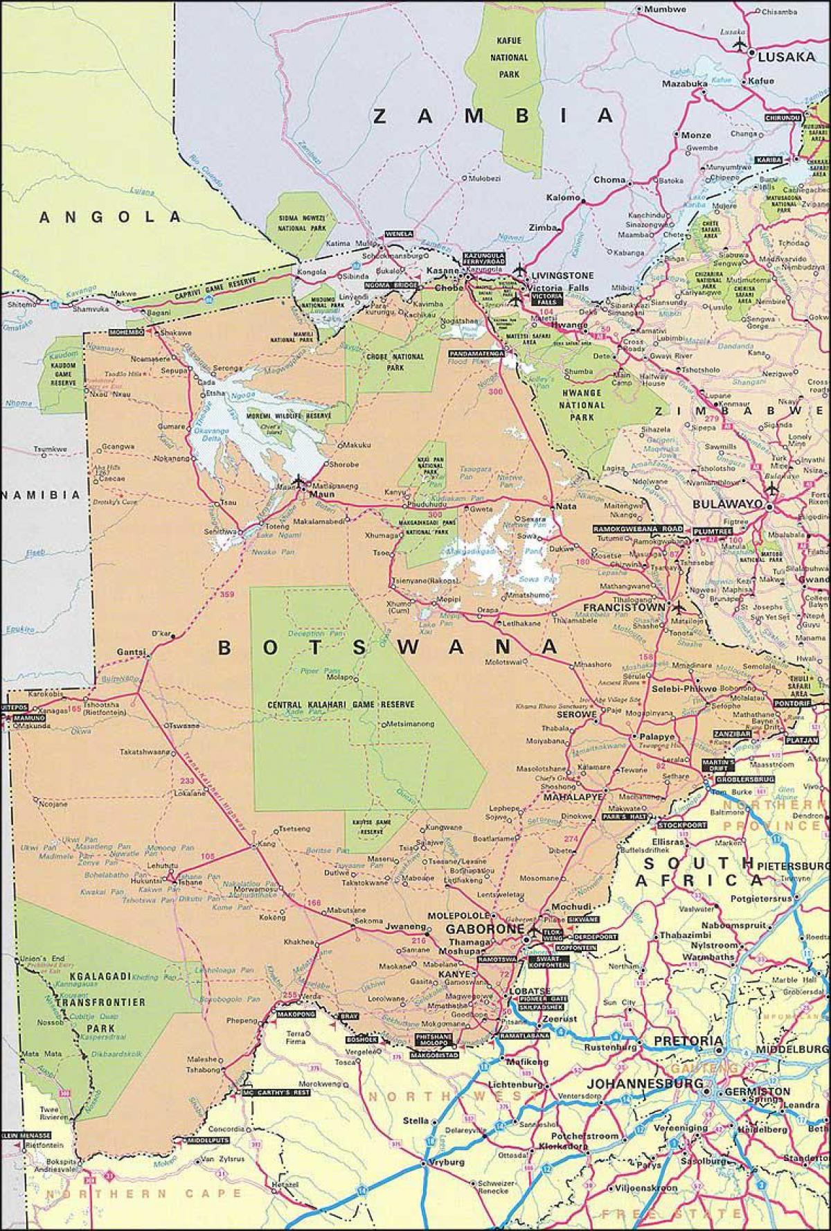 mapa szczegółowa mapa dróg Botswany